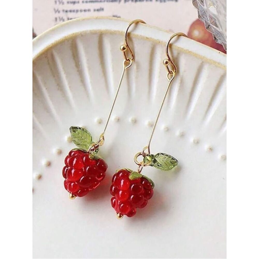 Gold-Tone Red Berry Drop Earrings with Green Leaves - Women Jewelry R 493